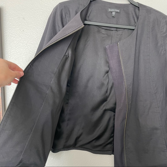 Eileen Fisher Ramie Black Structured Boxy Zip Up Blazer Style Jacket Medium - Picture 4 of 10